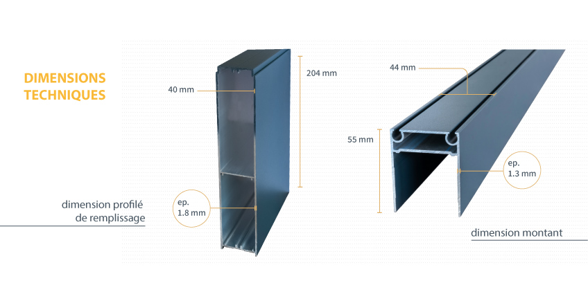 dimensions techniques des profilés de remplissage et des montants